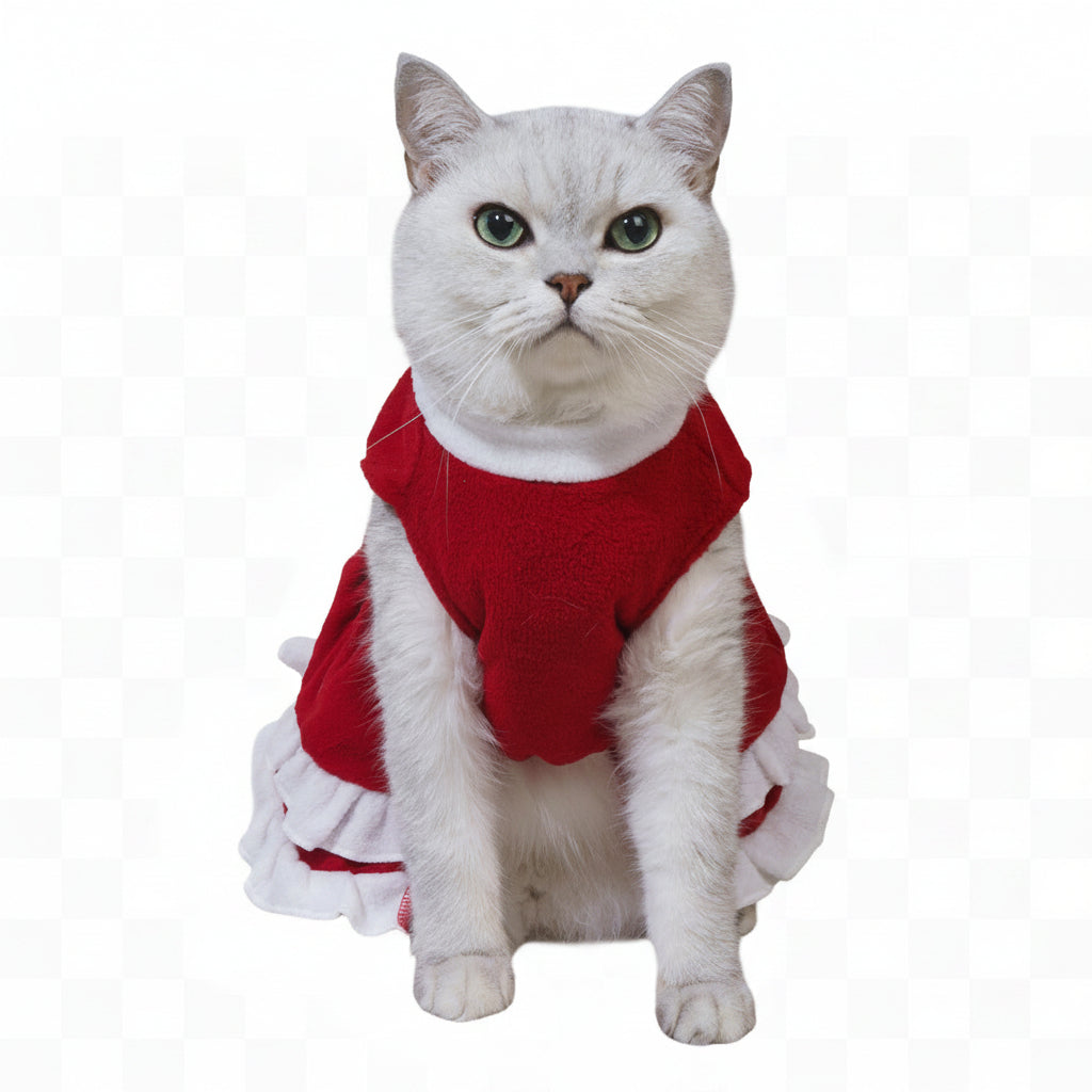 Cat wearing a red outfit with a Christmas tree in the background