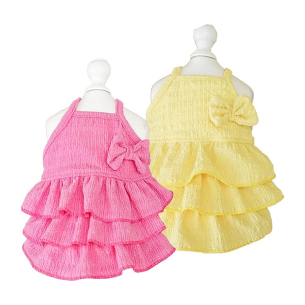 Anelekor 2-Pack Sleeveless Tiered Pet Dress with Bow - Pink & Yellow