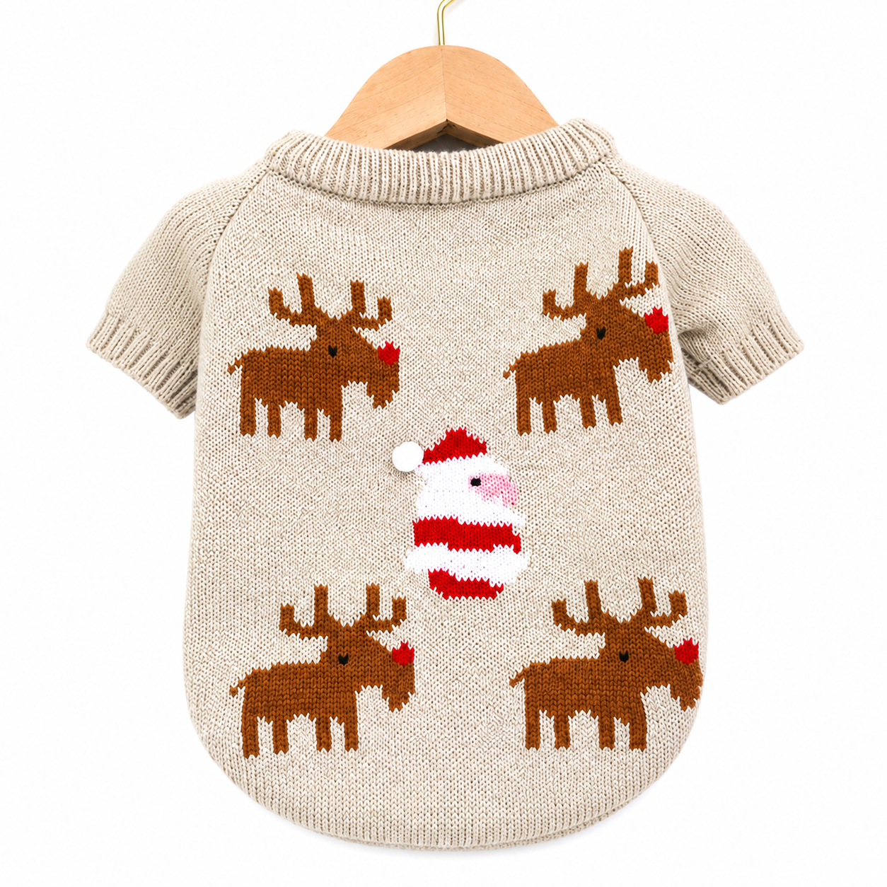 A beige knit pet sweater with brown reindeer and a red-and-white snowman design, hanging on a wooden hanger against a white background.