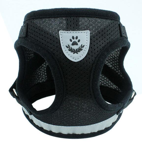 Black pet harness with a white logo on a white background