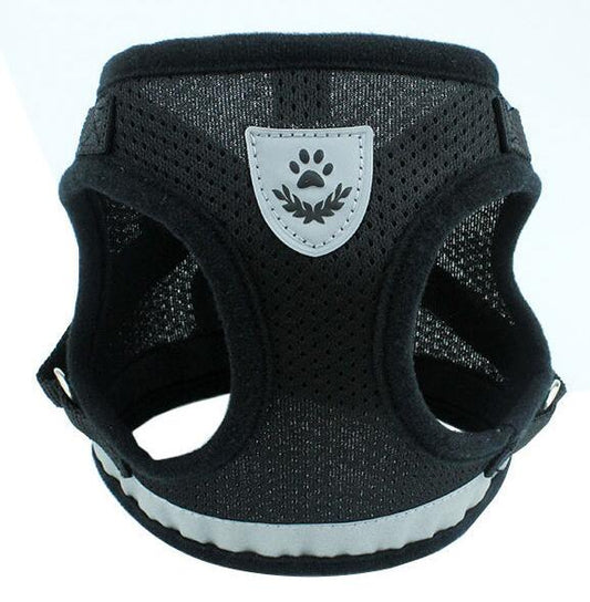 Black pet harness with a white logo on a white background
