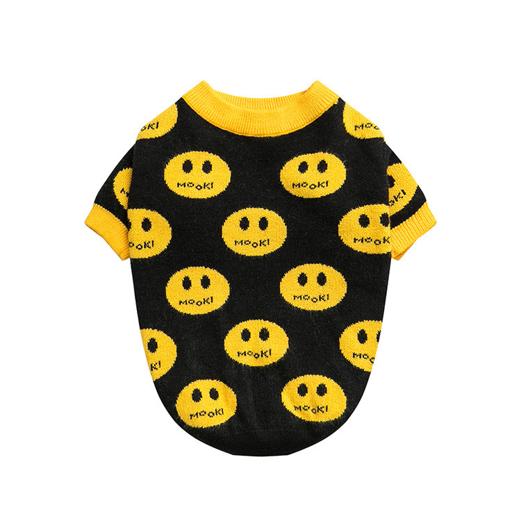 Black pet sweater with yellow smiley faces and 'Mook!' text on a white background