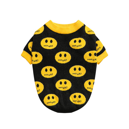 Black pet sweater with yellow smiley faces and 'Mook!' text on a white background