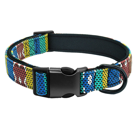 Colorful patterned dog collar with a black buckle on a white background