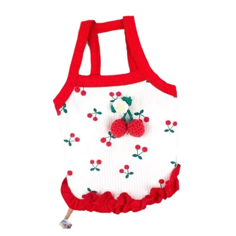 A white knit baby tote bag with red trim, featuring embroidered cherry patterns and a 3D cherry embellishment on the front, set against a plain white background.