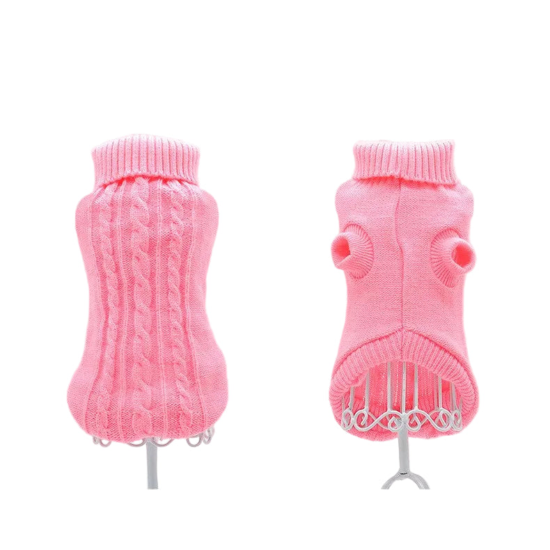 Two pink dog sweaters on mannequins against a white background