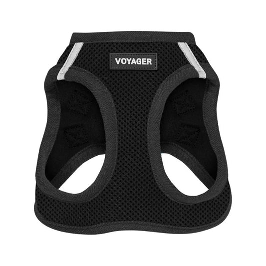 A black dog harness with a breathable mesh pattern, featuring a central brand label that reads 'VOYAGER' and reflective silver stripes on the upper sides, set against a plain white background.