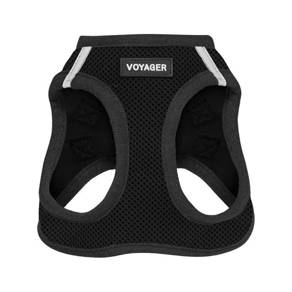 A black dog harness with a breathable mesh pattern, featuring a central brand label that reads 'VOYAGER' and reflective silver stripes on the upper sides, set against a plain white background.