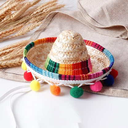 Straw Pet Sombrero Hat with Pom-Poms