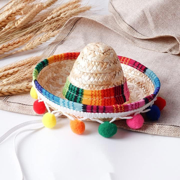 Straw Pet Sombrero Hat with Pom-Poms