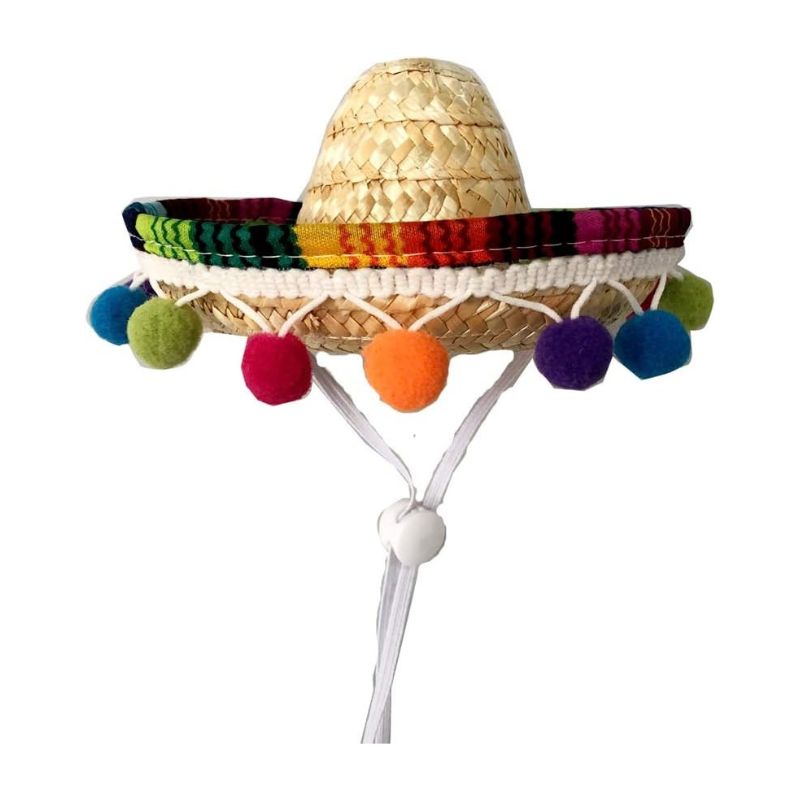 Straw Pet Sombrero Hat with Pom-Poms