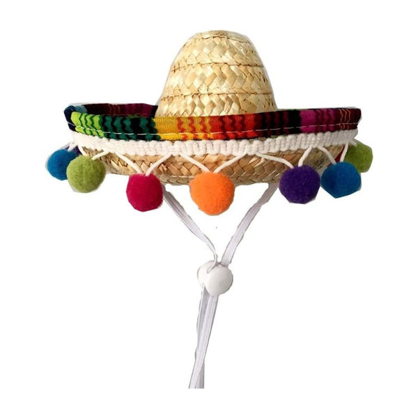 Straw Pet Sombrero Hat with Pom-Poms