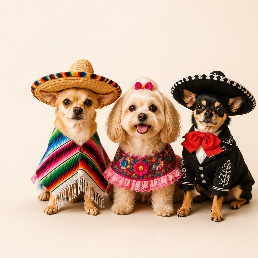 Three small dogs dressed in Mexican-style attire, including a tan dog in a colorful poncho and sombrero, a white dog in a pink floral dress with a pink bow, and a black dog in a black mariachi outfit with a red bow tie, standing against a solid cream background.