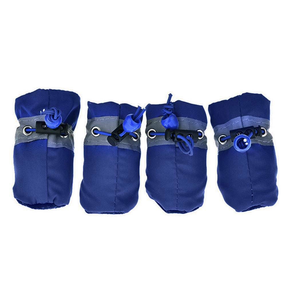 Set of four blue pet boots with gray accents on a white background